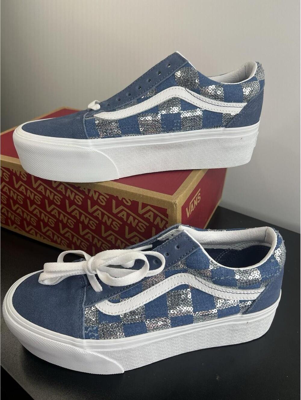 VANS  Old Skool  Stackform Platform Blue Checker Sequin Women's 8.5 New In Box